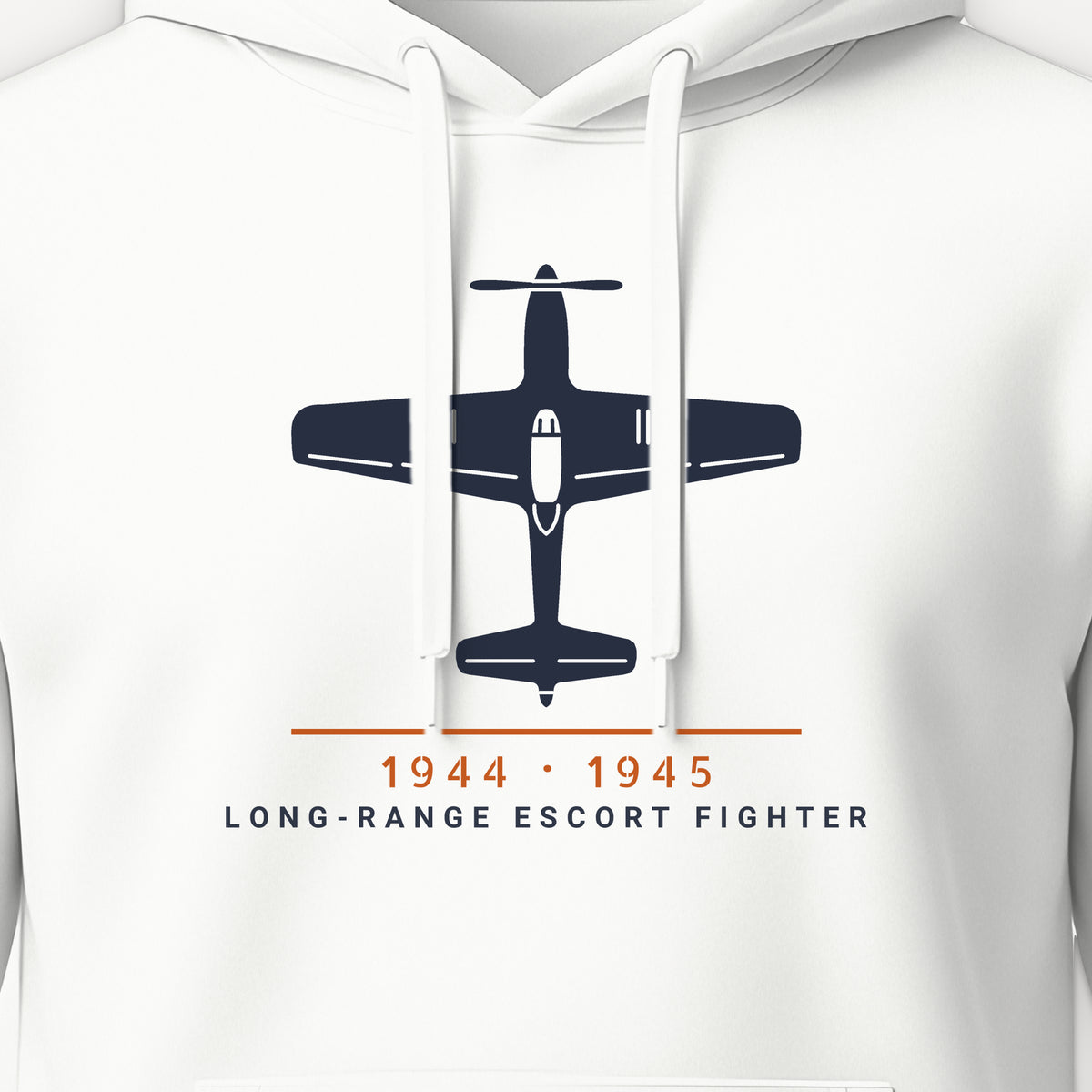 Long-Range Escort Fighter 1944–45 Hoodie, front print detail: our top-view drawing of a P-51D, no markings