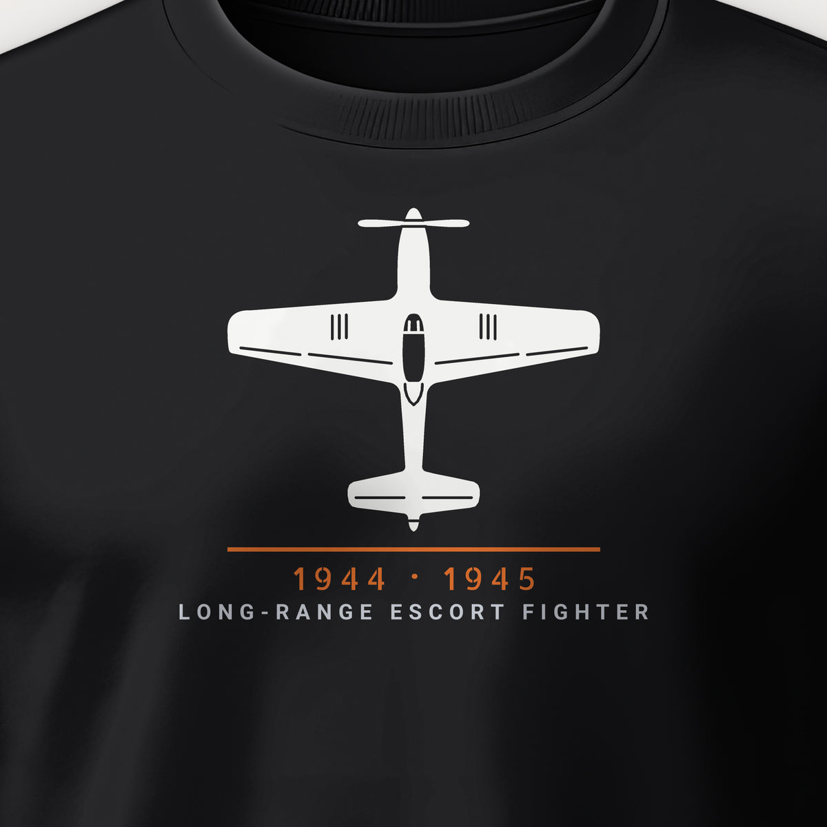 Long-Range Escort Fighter 1944–45 Crewneck Sweatshirt, front print detail: our top-view drawing of a P-51D, no markings
