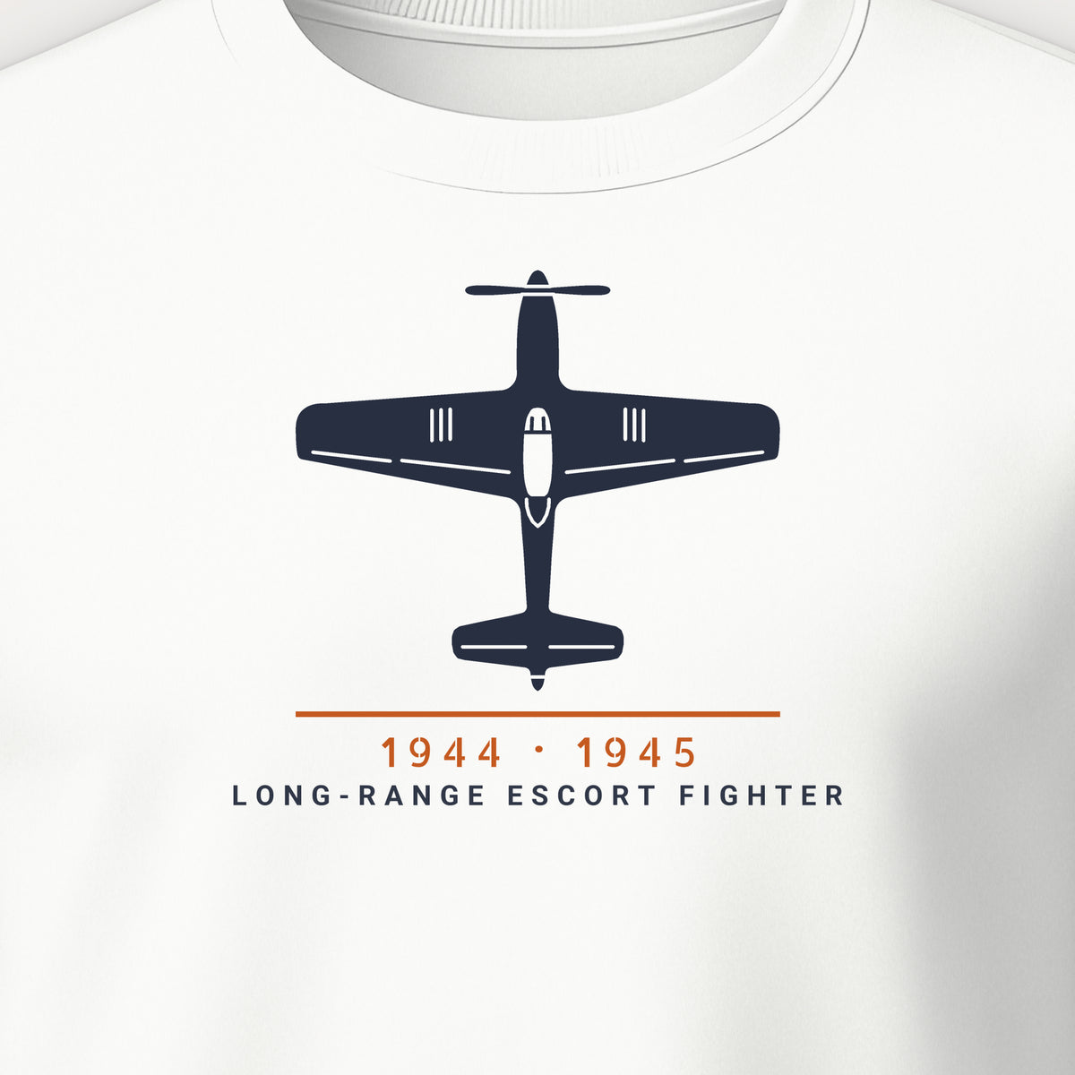 Long-Range Escort Fighter 1944–45 Crewneck Sweatshirt, front print detail: our top-view drawing of a P-51D, no markings