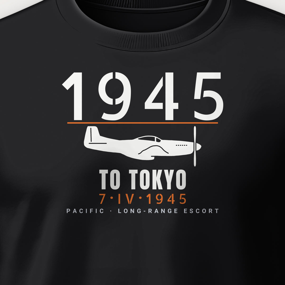To Tokyo 1945 Escort Fighter Crewneck Sweatshirt, front print detail: our side-view drawing of a P-51D, no markings