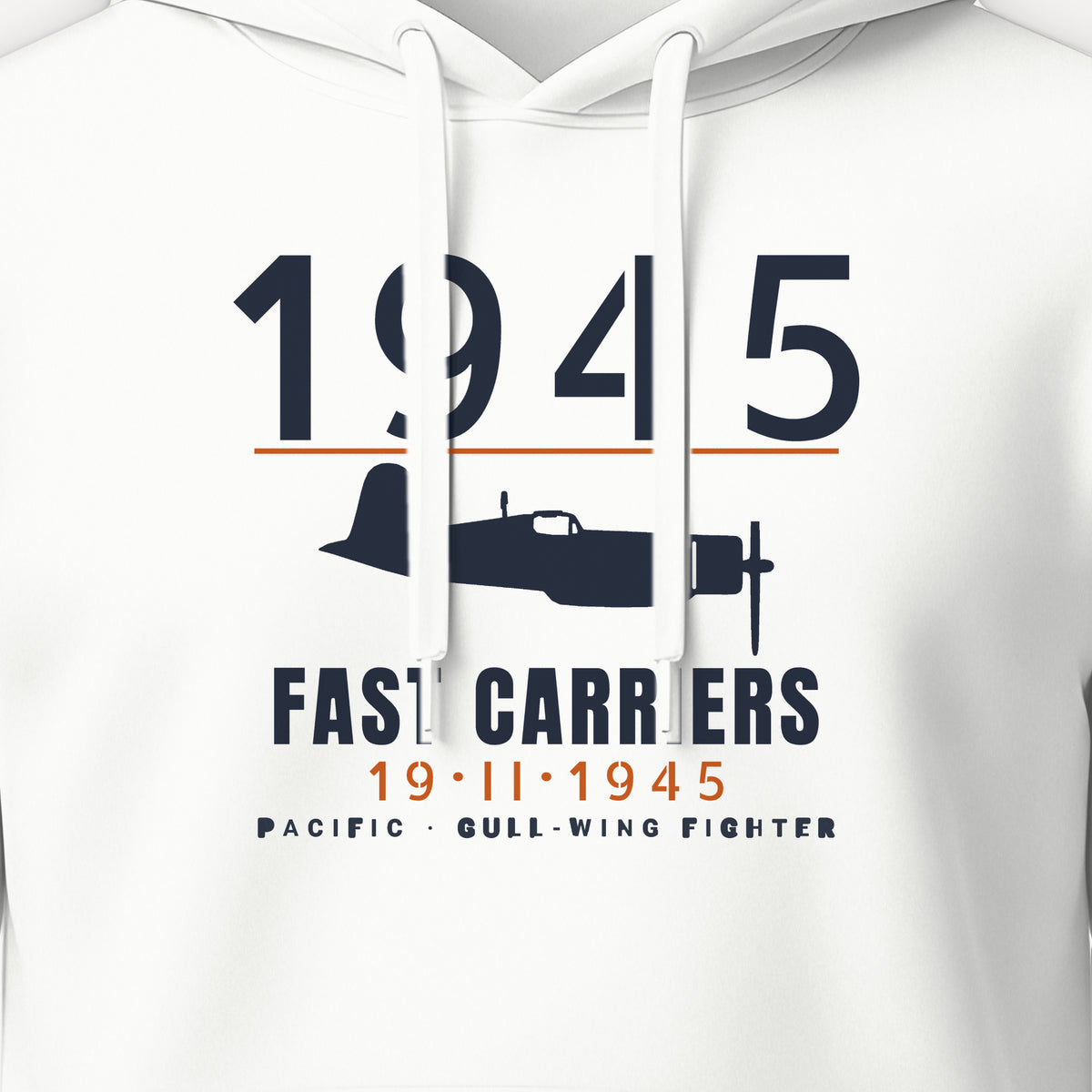 Fast Carriers 1945 Gull-Wing Fighter Hoodie, front print detail: our side-view drawing of an F4U-1D, no markings