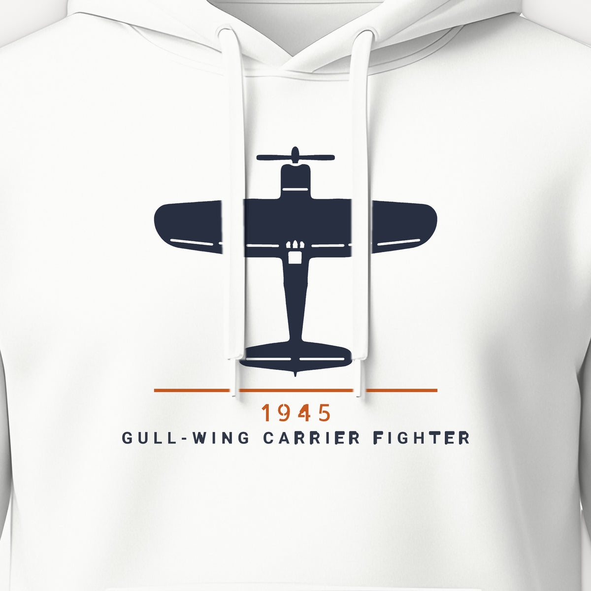 Gull-Wing Fighter 1945 Hoodie, front print detail: our top-view drawing of an F4U-1D, no markings