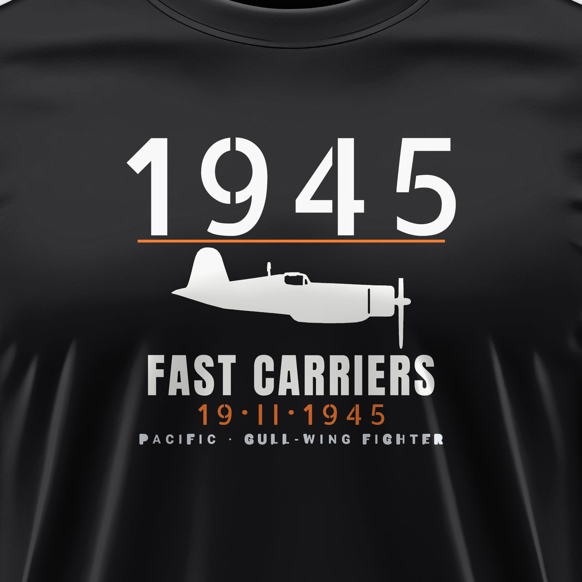Fast Carriers 1945 Gull-Wing Fighter Tee, front print detail: our side-view drawing of an F4U-1D, no markings