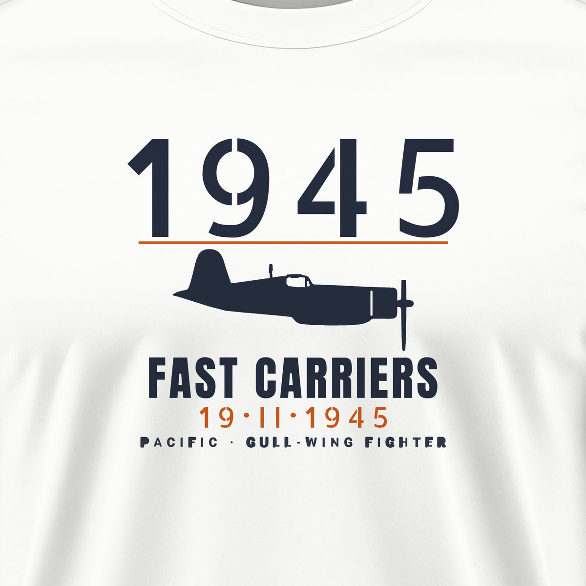 Fast Carriers 1945 Gull-Wing Fighter Tee, front print detail: our side-view drawing of an F4U-1D, no markings