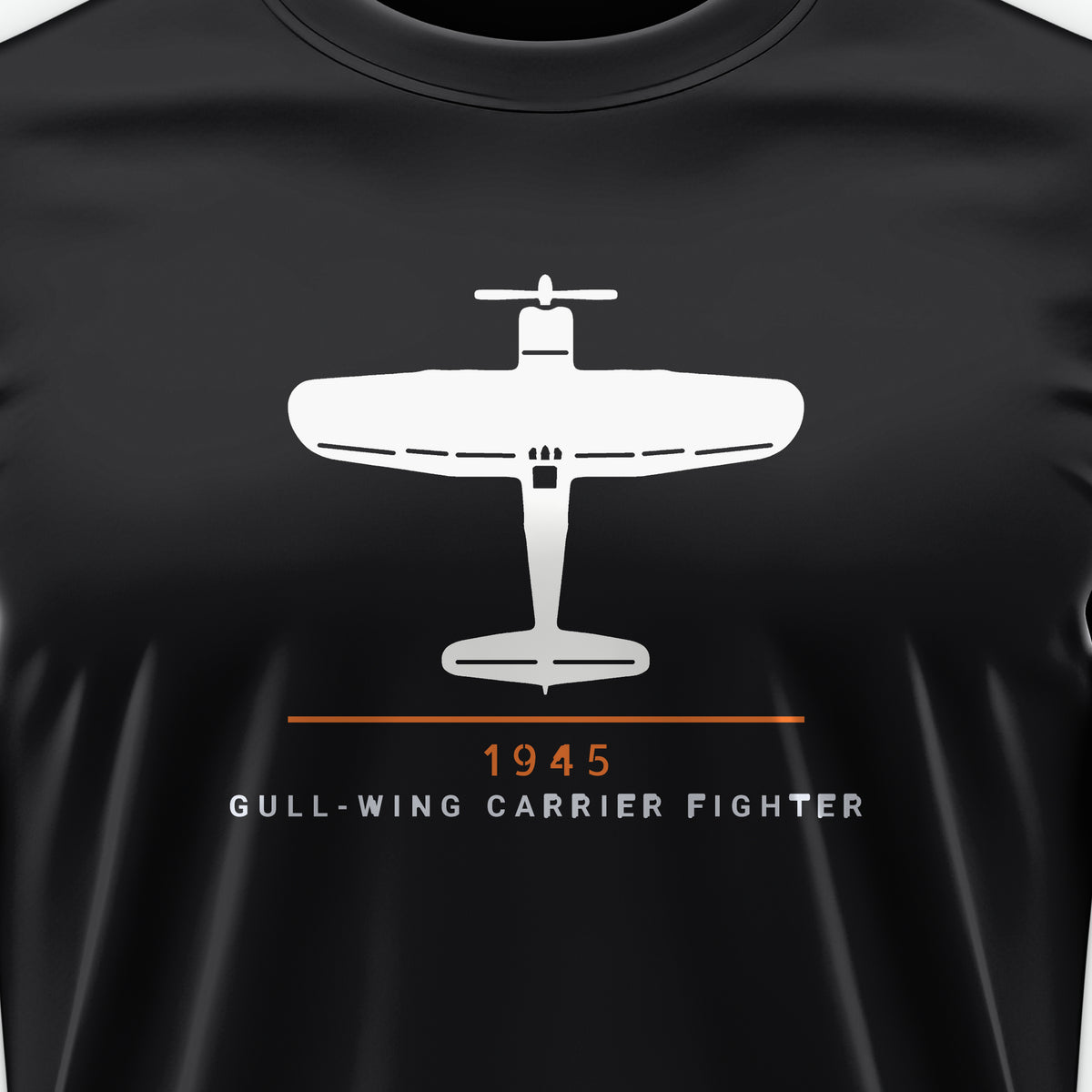 Gull-Wing Fighter 1945 Tee, front print detail: our top-view drawing of an F4U-1D, no markings