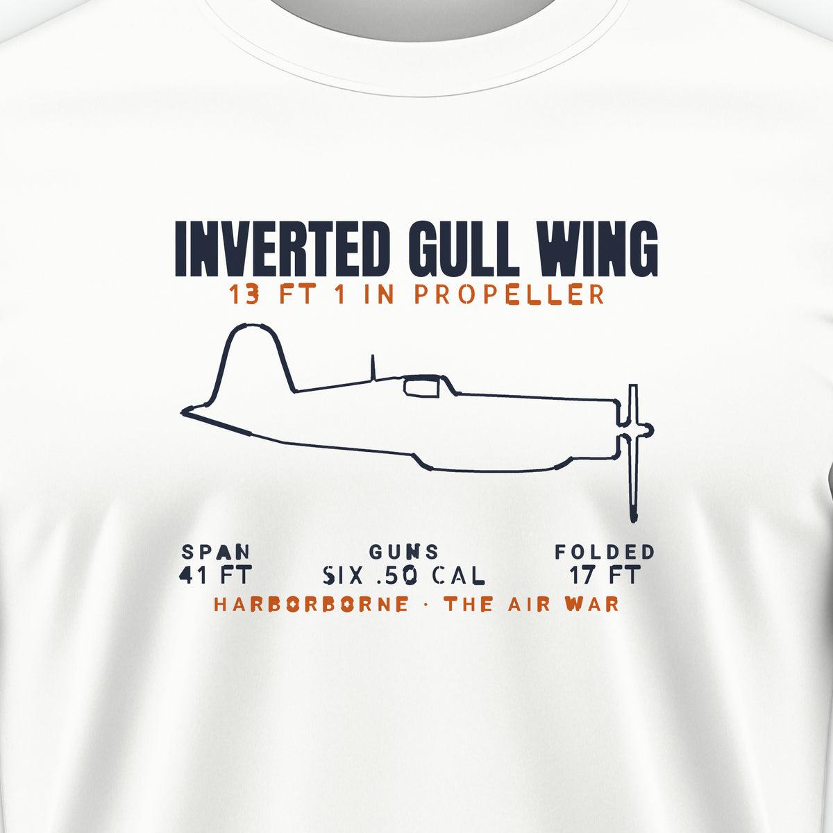 Inverted Gull-Wing Fighter Blueprint Tee, front print detail: our side-view outline of an F4U-1D, no markings