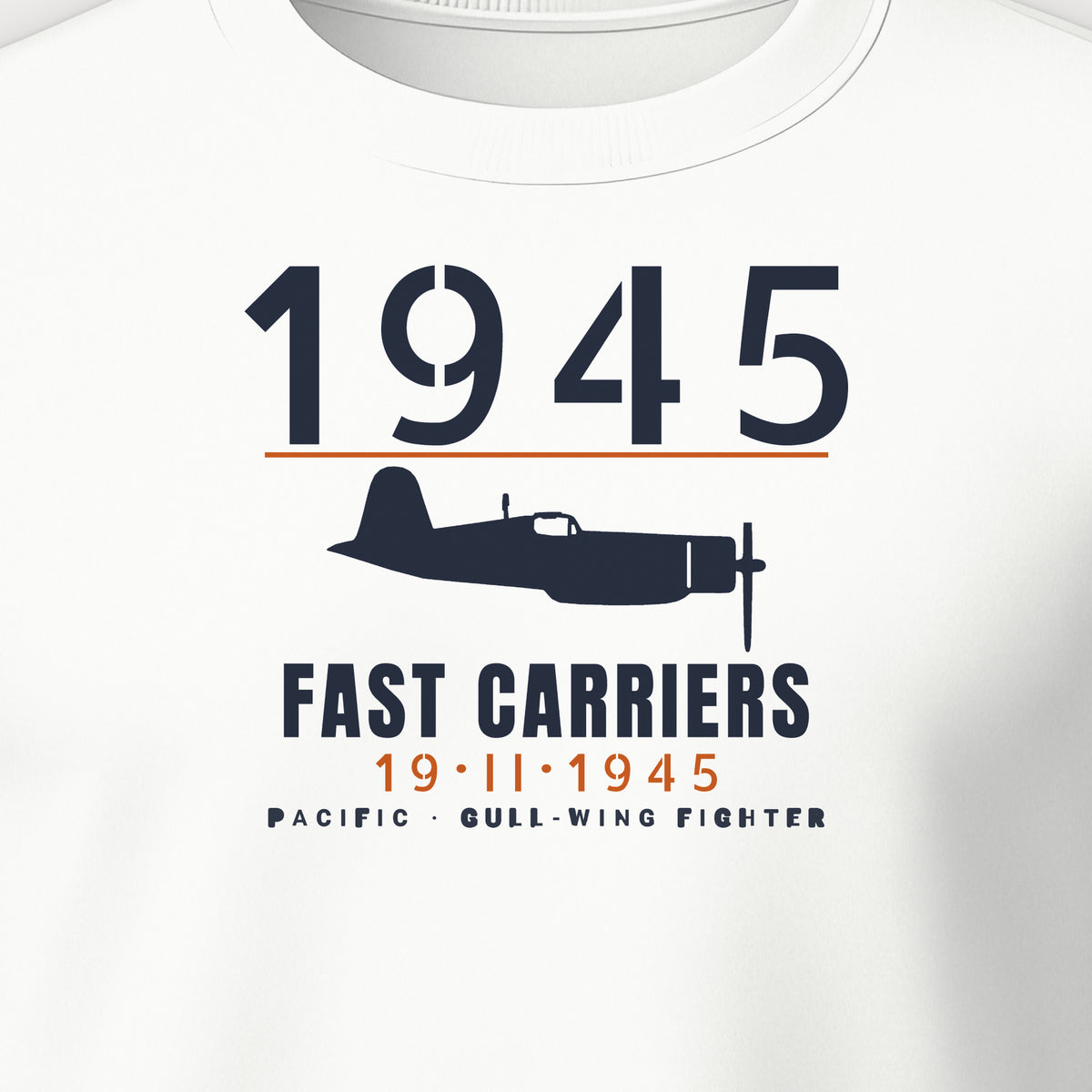 Fast Carriers 1945 Gull-Wing Fighter Crewneck Sweatshirt, front print detail: our side-view drawing of an F4U-1D, no markings