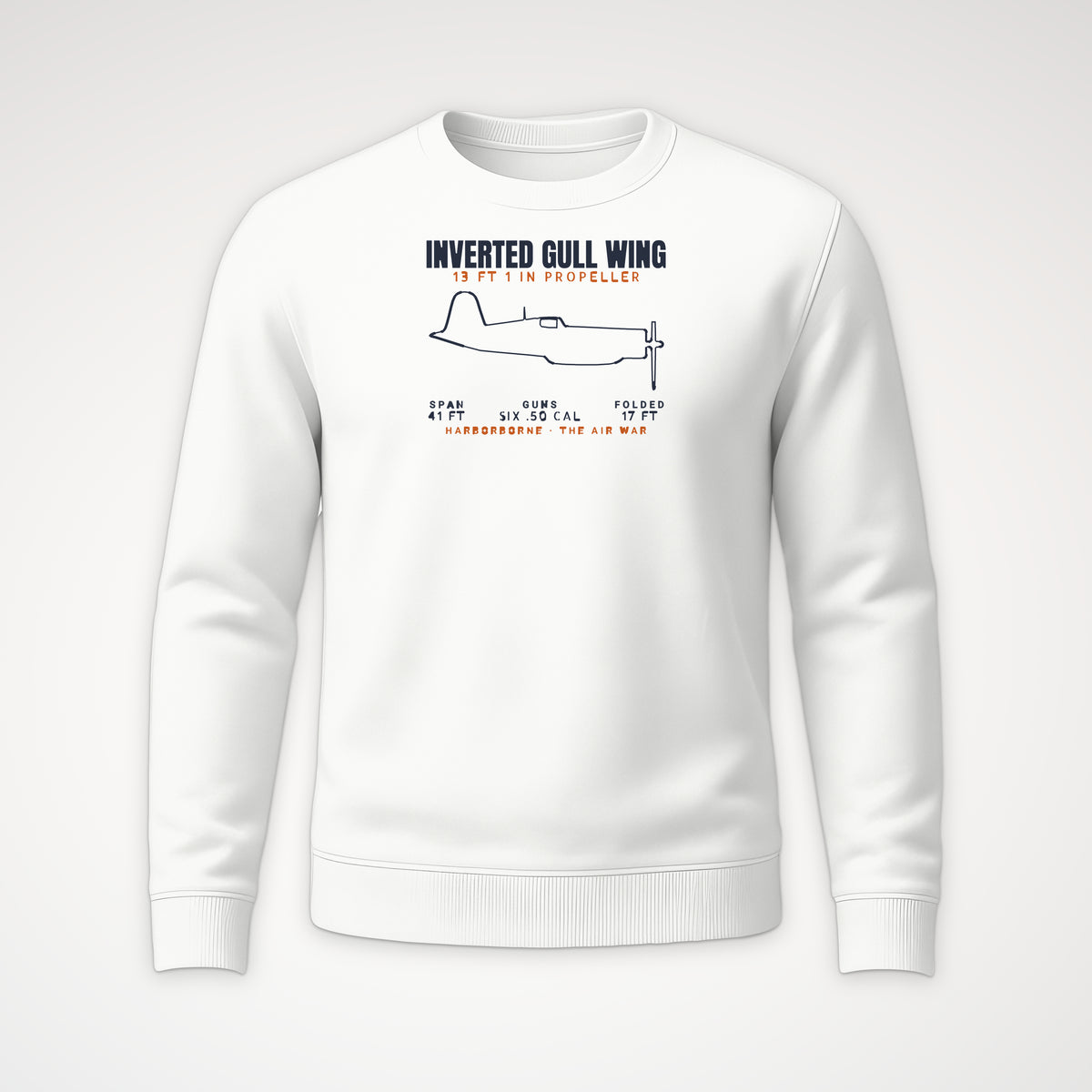 Inverted Gull-Wing Fighter Blueprint Crewneck Sweatshirt in White