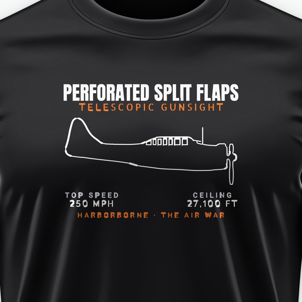 Split-Flap Scout Bomber Blueprint Tee, front print detail: our side-view outline of an SBD-3, no markings