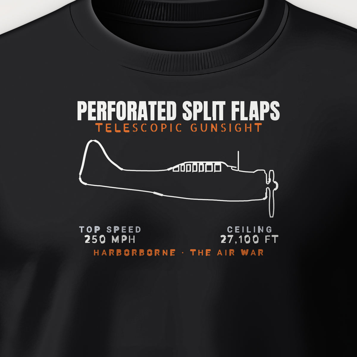 Split-Flap Scout Bomber Blueprint Crewneck Sweatshirt, front print detail: our side-view outline of an SBD-3, no markings