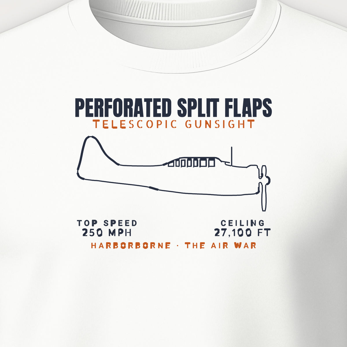 Split-Flap Scout Bomber Blueprint Crewneck Sweatshirt, front print detail: our side-view outline of an SBD-3, no markings