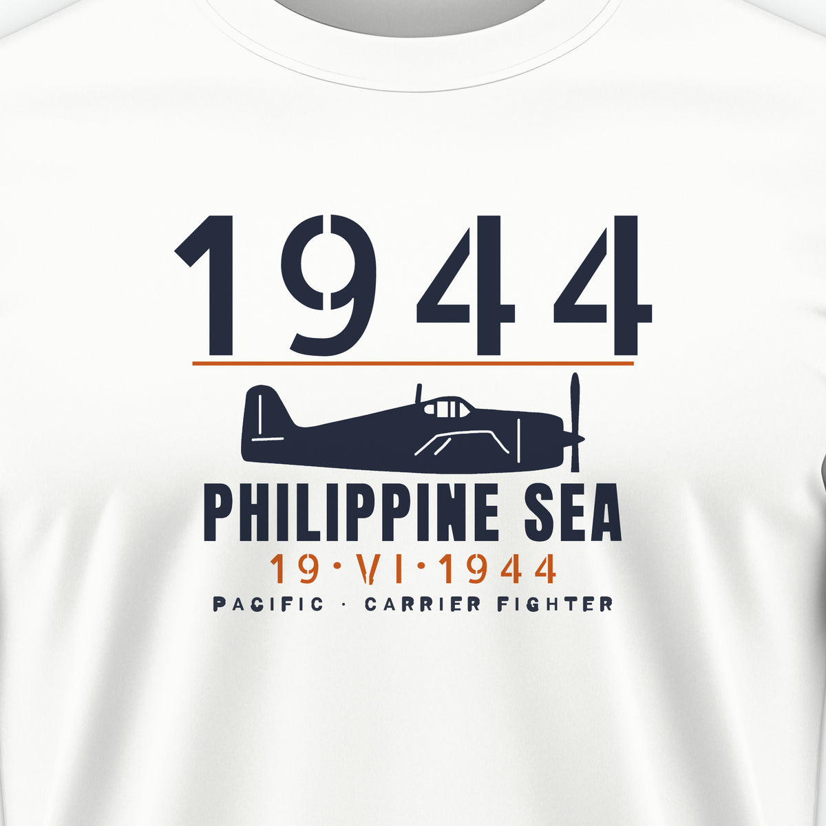Philippine Sea 1944 Carrier Fighter Tee, front print detail: our side-view drawing of an F6F-3, no markings