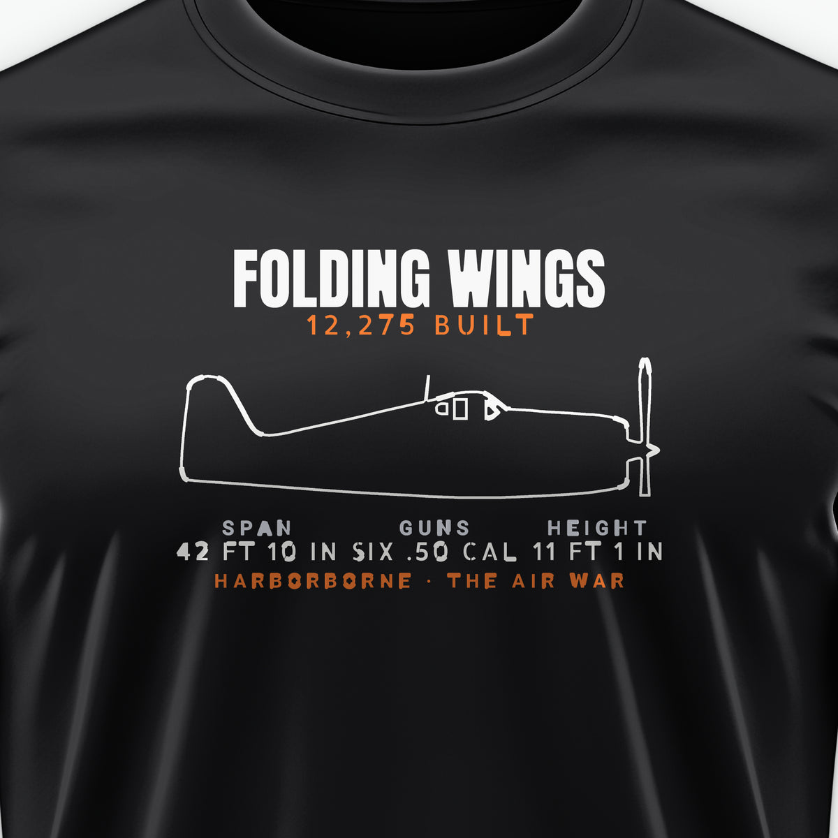 Folding-Wing Fighter Blueprint Tee, front print detail: our side-view outline of an F6F-3, no markings