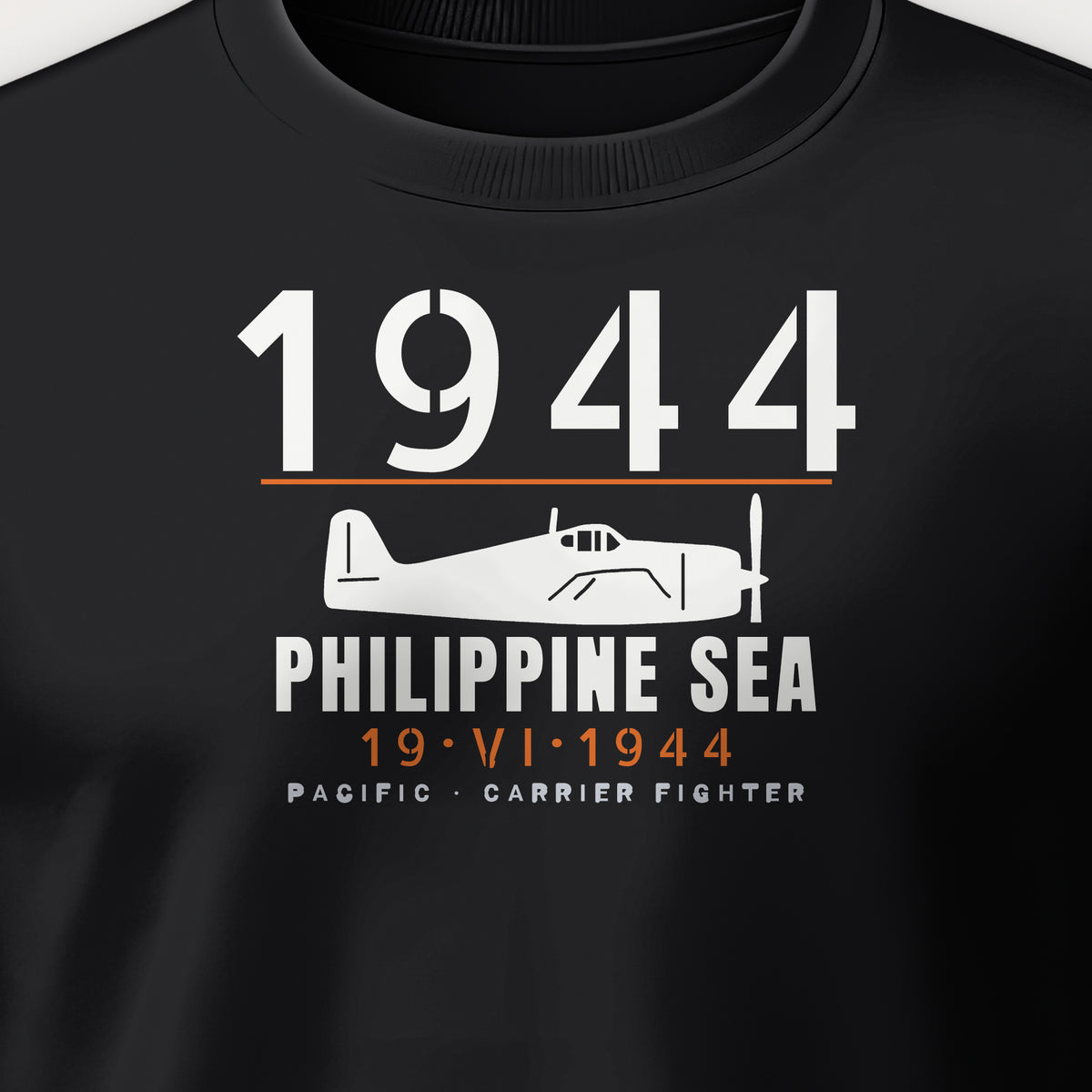 Philippine Sea 1944 Carrier Fighter Crewneck Sweatshirt, front print detail: our side-view drawing of an F6F-3, no markings