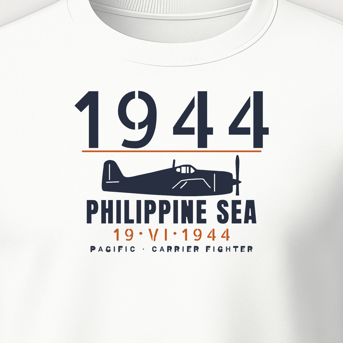 Philippine Sea 1944 Carrier Fighter Crewneck Sweatshirt, front print detail: our side-view drawing of an F6F-3, no markings