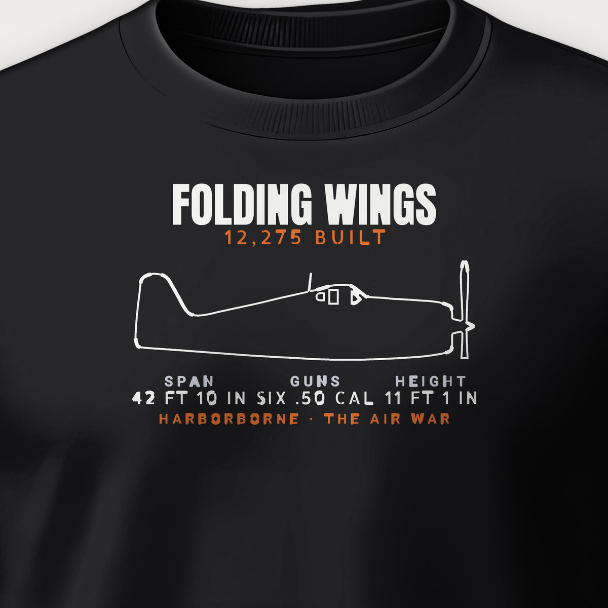 Folding-Wing Fighter Blueprint Crewneck Sweatshirt, front print detail: our side-view outline of an F6F-3, no markings
