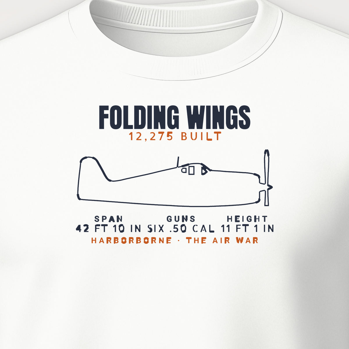 Folding-Wing Fighter Blueprint Crewneck Sweatshirt, front print detail: our side-view outline of an F6F-3, no markings