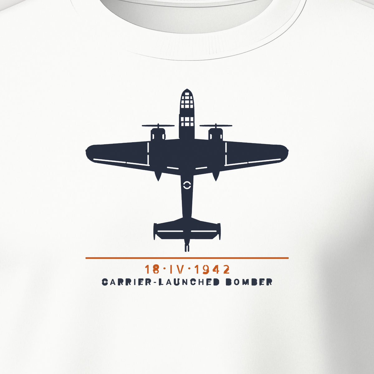 Carrier-Launched Bomber 1942 Crewneck Sweatshirt, front print detail: our top-view drawing of a B-25B, no markings