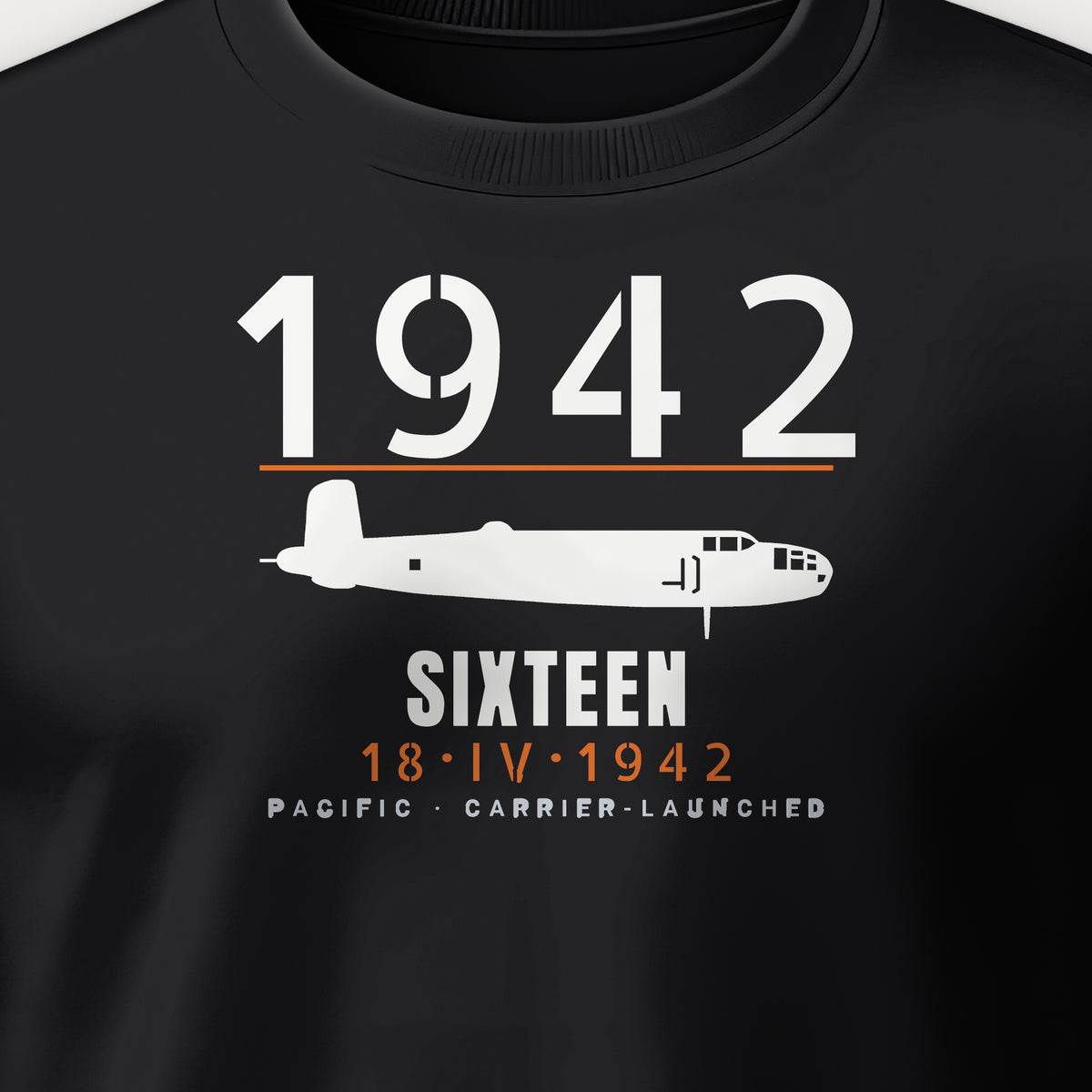Sixteen Carrier-Launched Bombers 1942 Crewneck Sweatshirt, front print detail: our side-view drawing of a B-25B, no markings