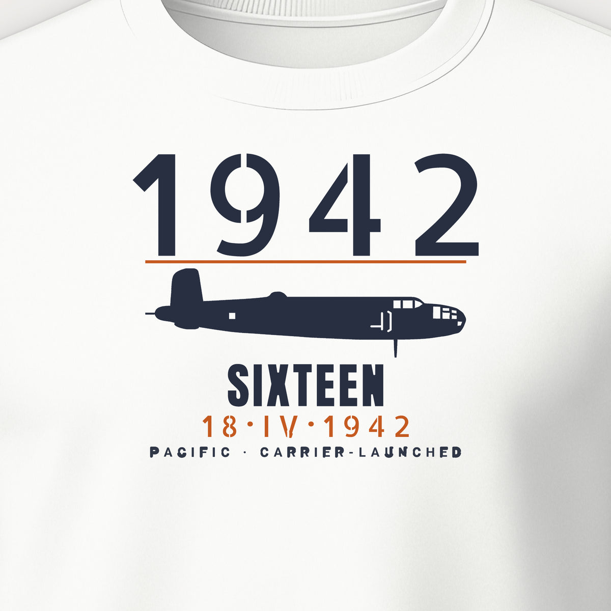Sixteen Carrier-Launched Bombers 1942 Crewneck Sweatshirt, front print detail: our side-view drawing of a B-25B, no markings