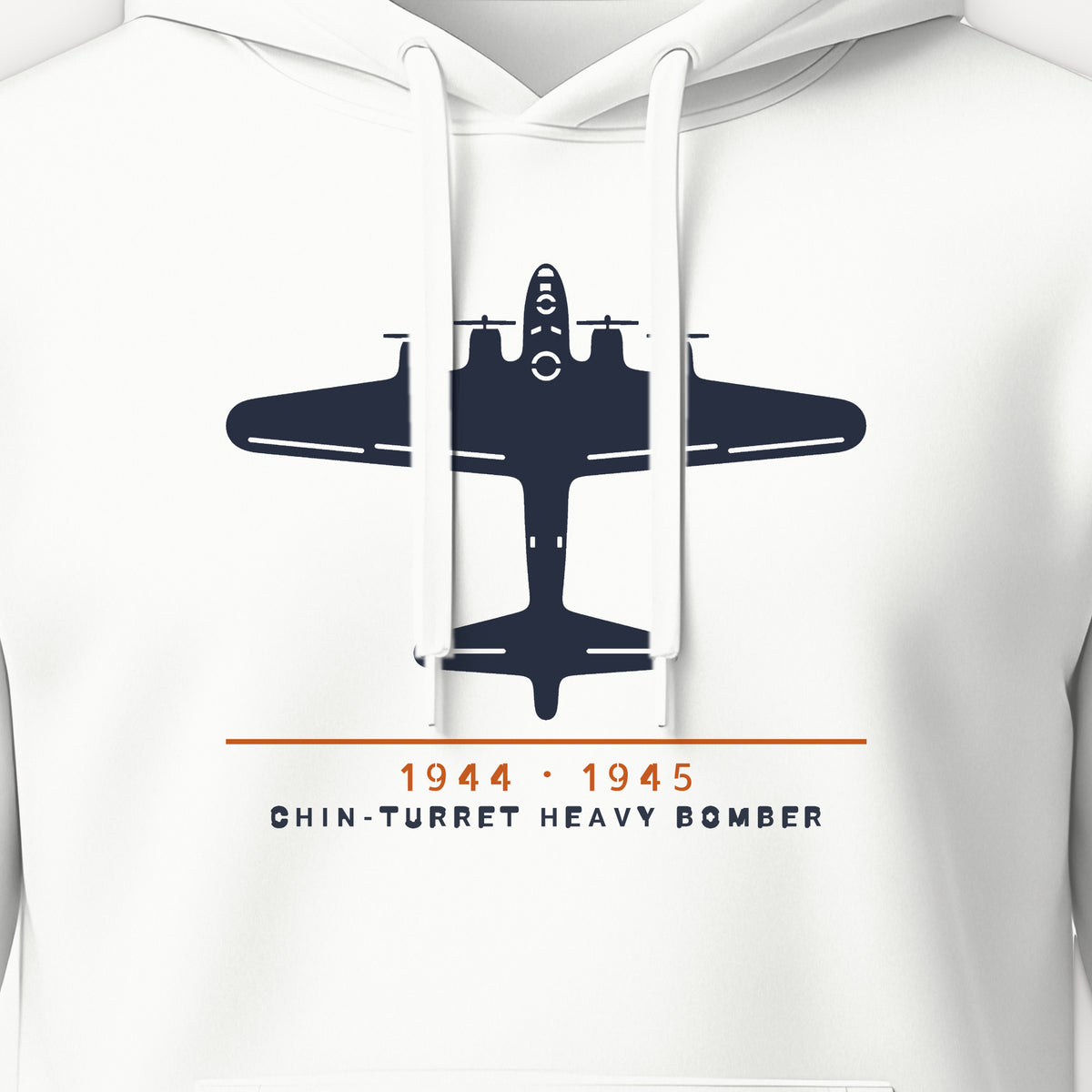 Chin-Turret Heavy Bomber 1944–45 Hoodie, front print detail: our top-view drawing of a B-17G, no markings
