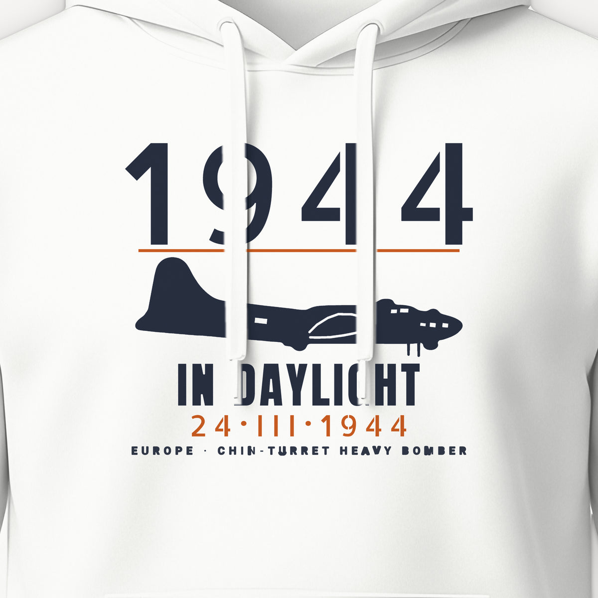 Chin-Turret Bomber in Daylight 1944 Hoodie, front print detail: our side-view drawing of a B-17G, no markings
