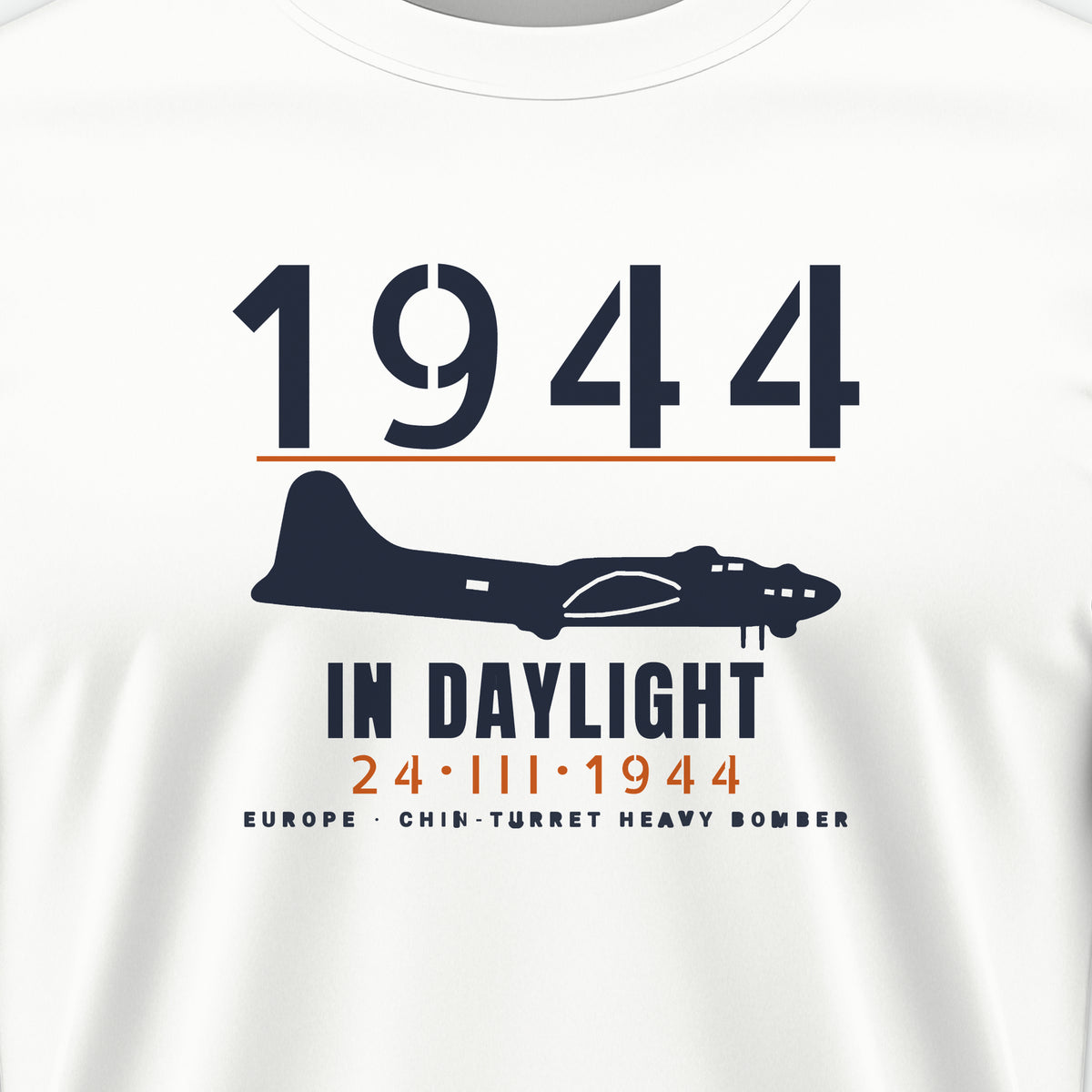 Chin-Turret Bomber in Daylight 1944 Tee, front print detail: our side-view drawing of a B-17G, no markings