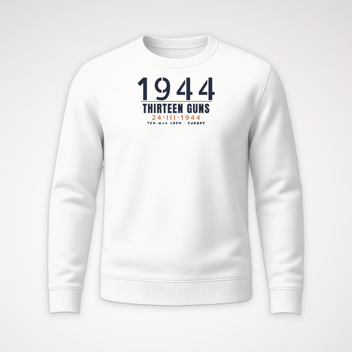 Thirteen Guns Ten-Man Crew 1944 Crewneck Sweatshirt in White