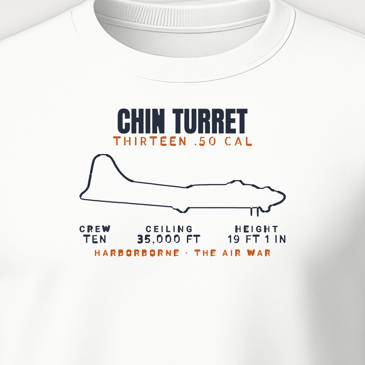 Chin-Turret Heavy Bomber Blueprint Crewneck Sweatshirt, front print detail: our side-view outline of a B-17G, no markings