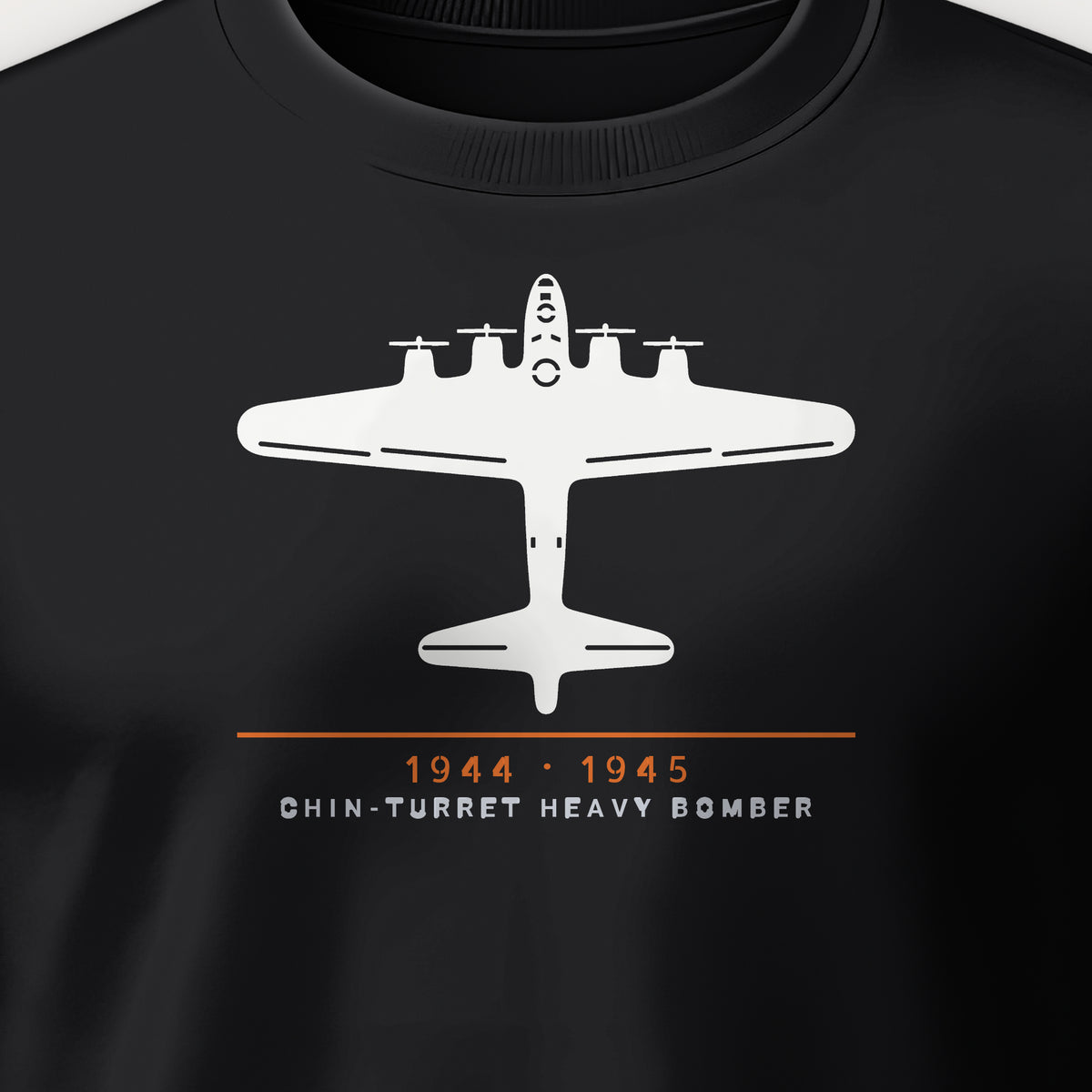 Chin-Turret Heavy Bomber 1944–45 Crewneck Sweatshirt, front print detail: our top-view drawing of a B-17G, no markings