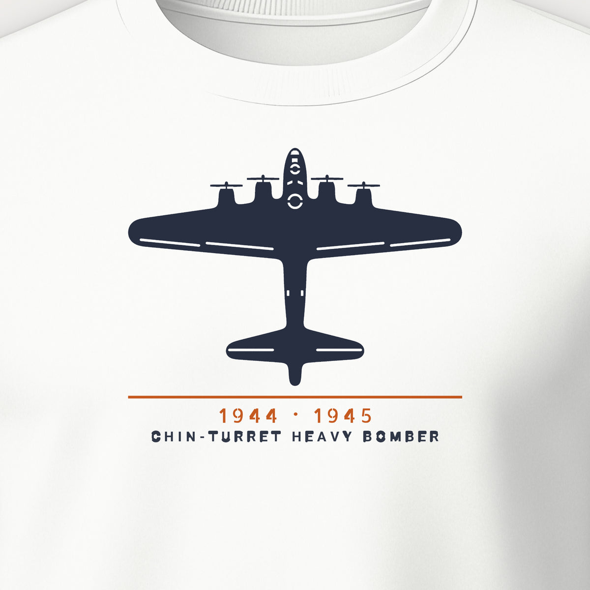 Chin-Turret Heavy Bomber 1944–45 Crewneck Sweatshirt, front print detail: our top-view drawing of a B-17G, no markings