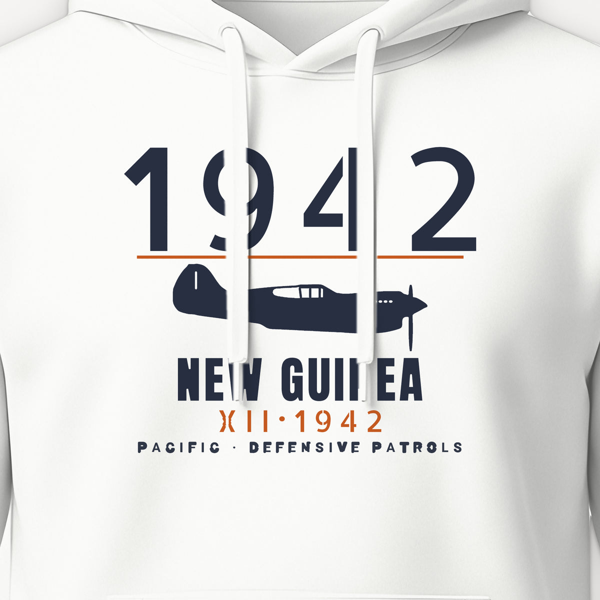 New Guinea 1942 Chin-Scoop Fighter Hoodie, front print detail: our side-view drawing of a P-40K, no markings