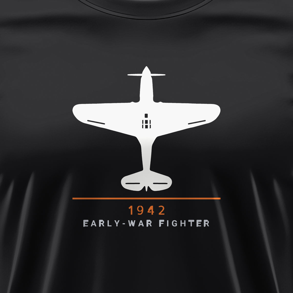 Early-War Fighter 1942 Tee, front print detail: our top-view drawing of a P-40K, no markings