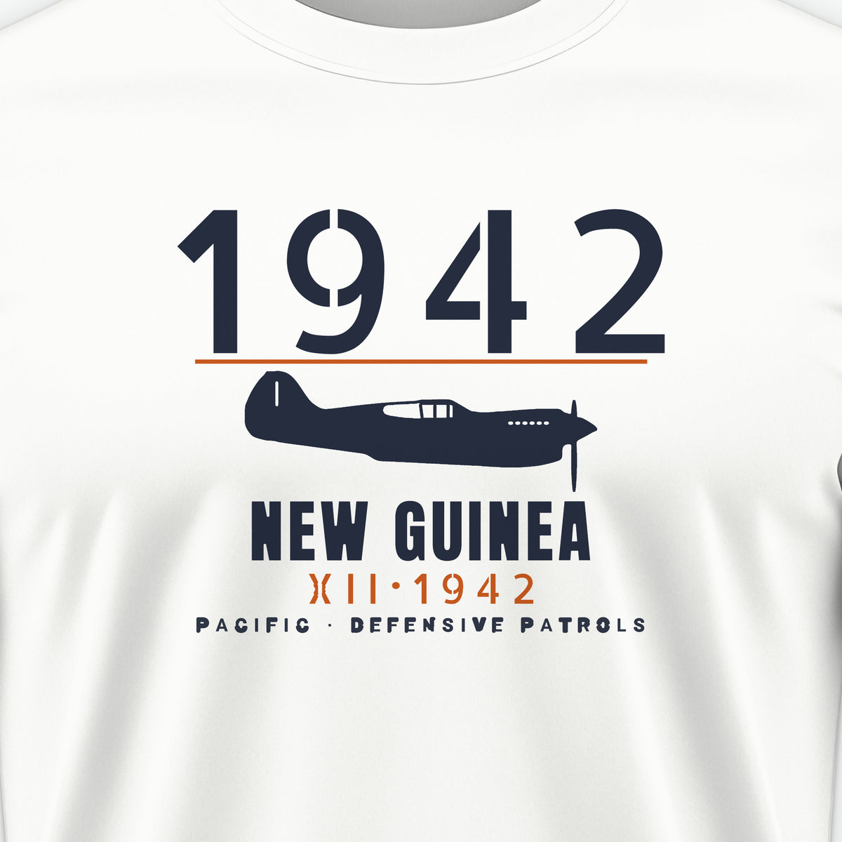 New Guinea 1942 Chin-Scoop Fighter Tee, front print detail: our side-view drawing of a P-40K, no markings
