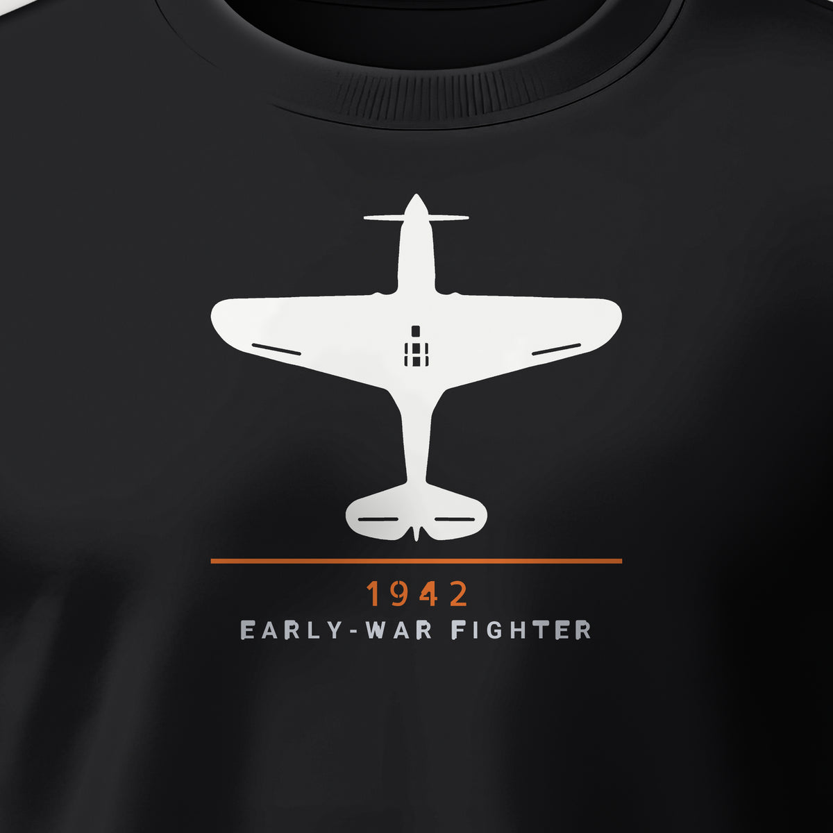 Early-War Fighter 1942 Crewneck Sweatshirt, front print detail: our top-view drawing of a P-40K, no markings