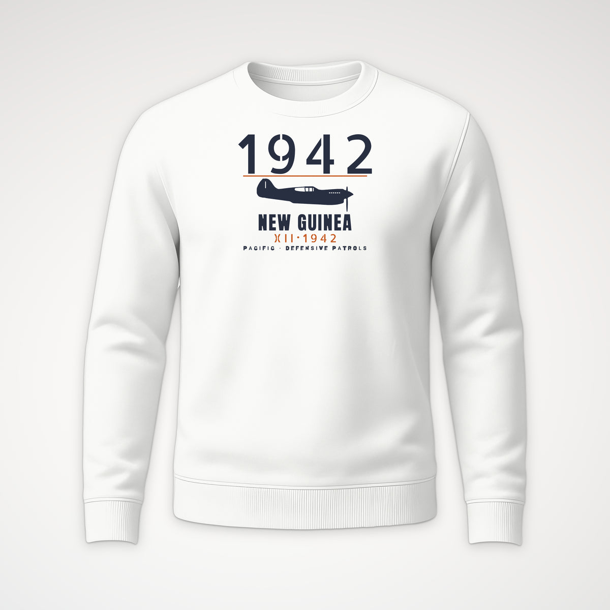 New Guinea 1942 Chin-Scoop Fighter Crewneck Sweatshirt in White