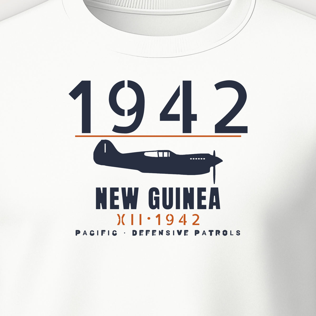 New Guinea 1942 Chin-Scoop Fighter Crewneck Sweatshirt, front print detail: our side-view drawing of a P-40K, no markings