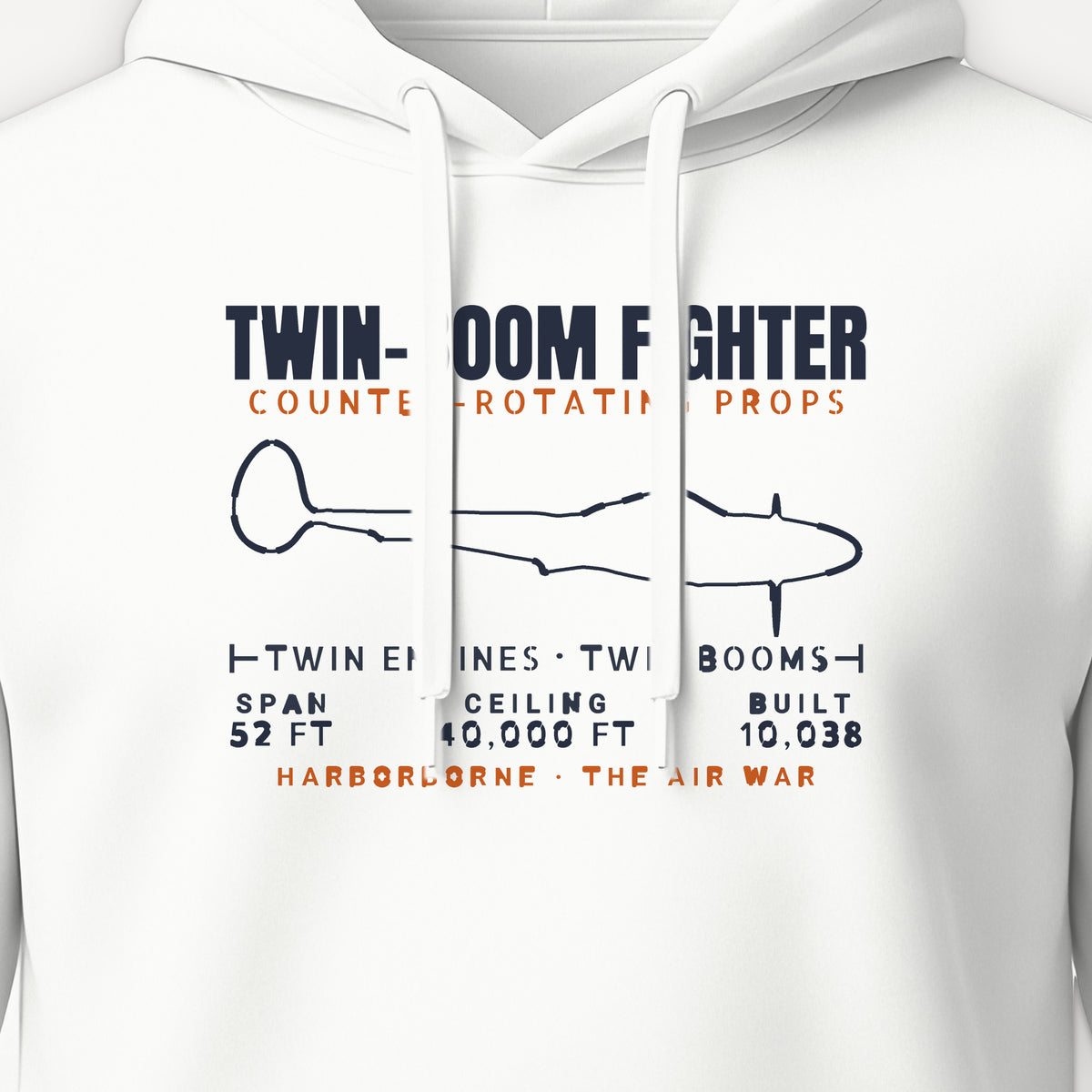 Twin-Boom Fighter Blueprint Hoodie, front print detail: our side-view outline of a P-38J/L, no markings