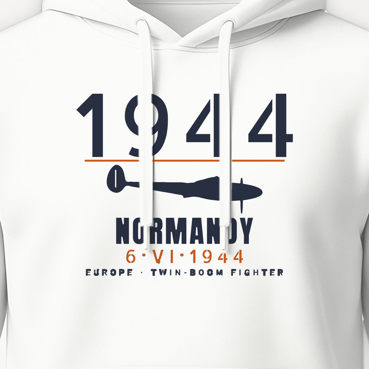 Normandy 1944 Twin-Boom Fighter Hoodie, front print detail: our side-view drawing of a P-38J/L, no markings