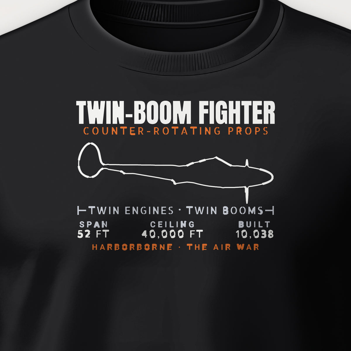 Twin-Boom Fighter Blueprint Crewneck Sweatshirt, front print detail: our side-view outline of a P-38J/L, no markings