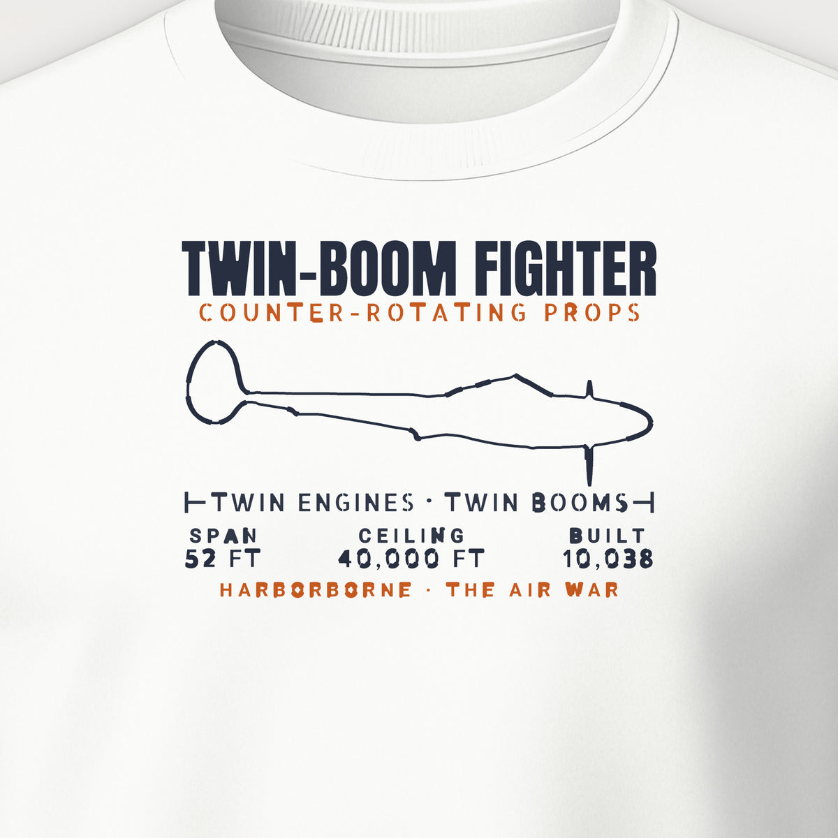 Twin-Boom Fighter Blueprint Crewneck Sweatshirt, front print detail: our side-view outline of a P-38J/L, no markings