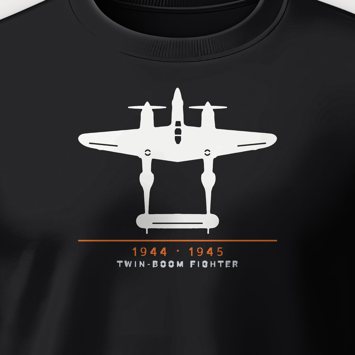 Twin-Boom Fighter 1944–45 Crewneck Sweatshirt, front print detail: our top-view drawing of a P-38J/L, no markings