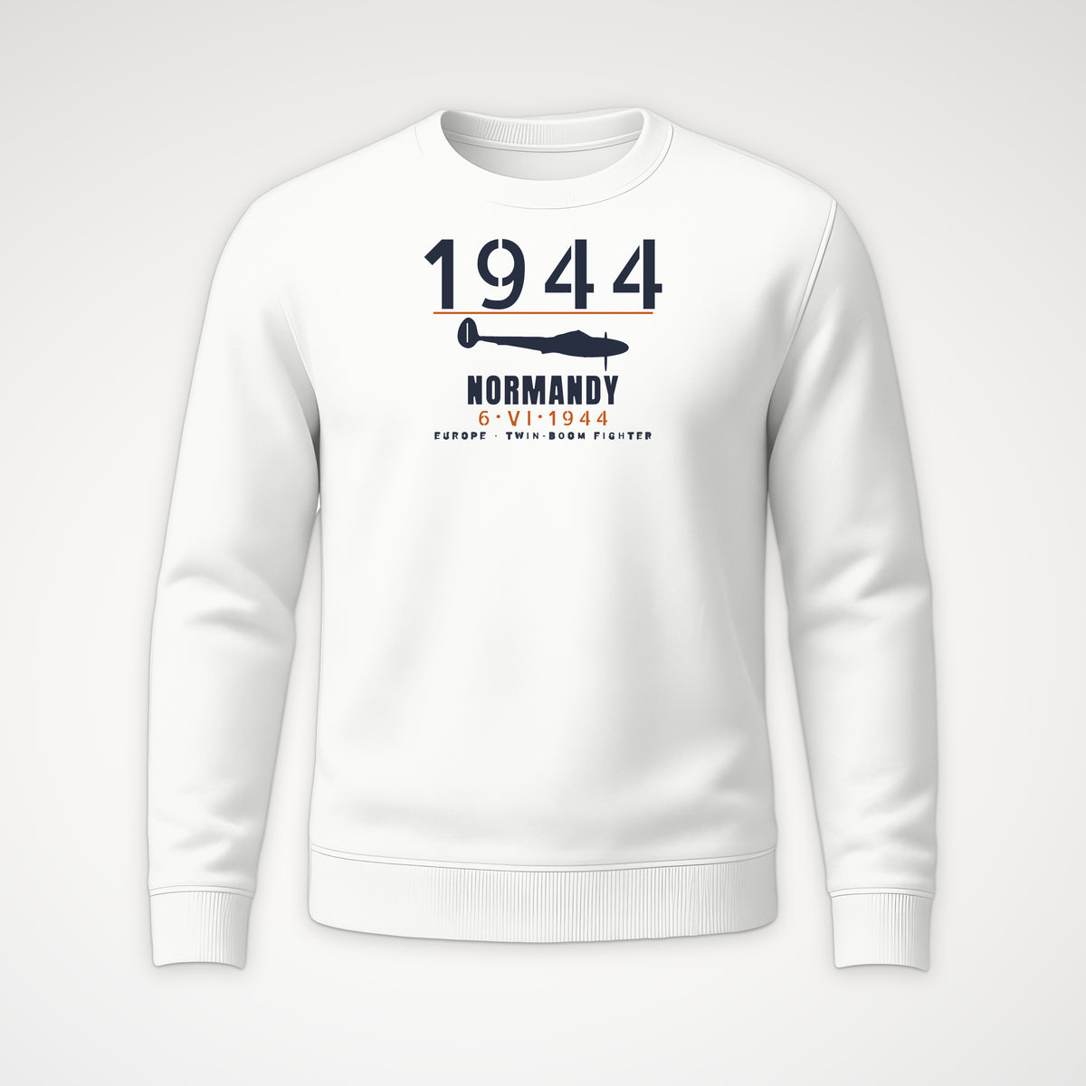 Normandy 1944 Twin-Boom Fighter Crewneck Sweatshirt in White