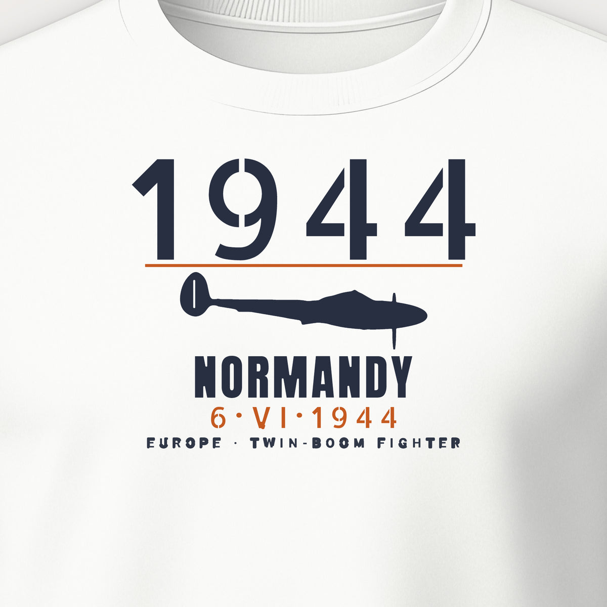 Normandy 1944 Twin-Boom Fighter Crewneck Sweatshirt, front print detail: our side-view drawing of a P-38J/L, no markings