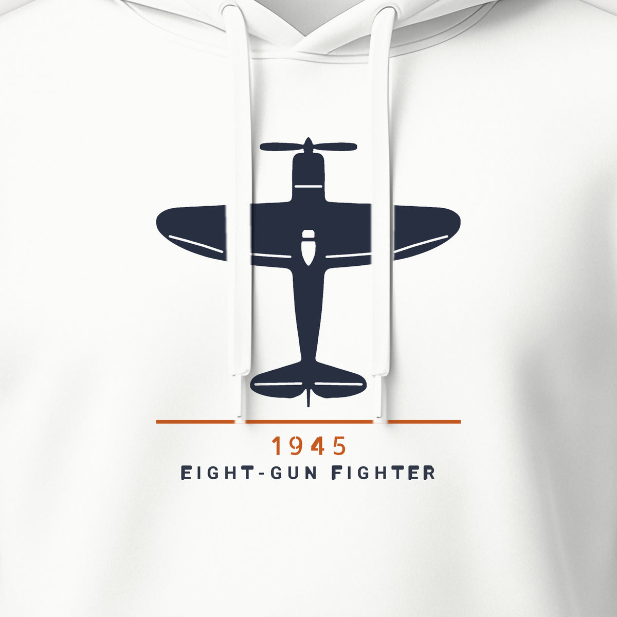 Eight-Gun Fighter 1945 Hoodie, front print detail: our top-view drawing of a P-47D, no markings
