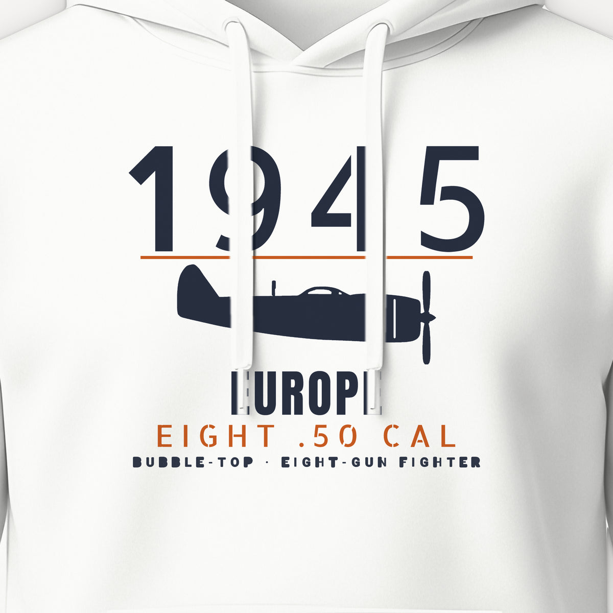 Europe 1945 Eight-Gun Fighter Hoodie, front print detail: our side-view drawing of a P-47D, no markings