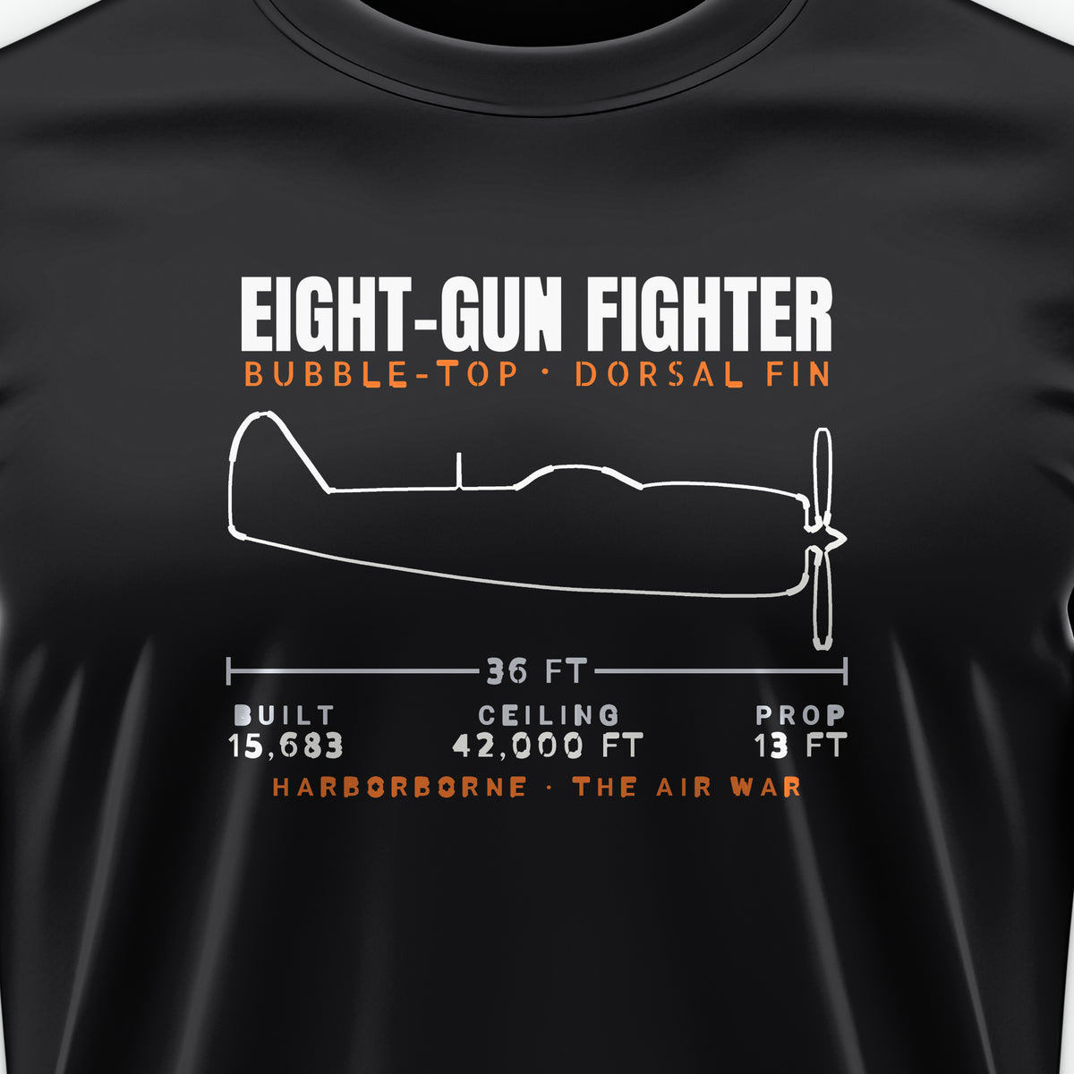 Eight-Gun Fighter Blueprint Tee, front print detail: our side-view outline of a P-47D, no markings