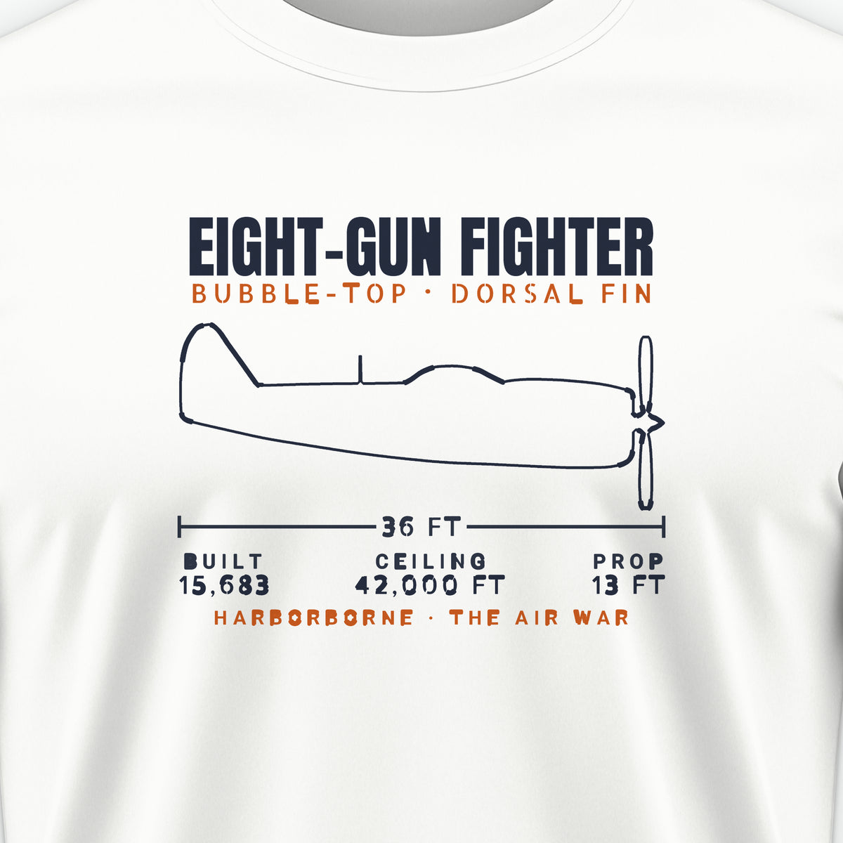 Eight-Gun Fighter Blueprint Tee, front print detail: our side-view outline of a P-47D, no markings