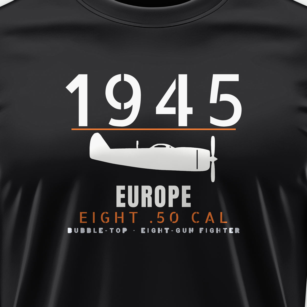 Europe 1945 Eight-Gun Fighter Tee, front print detail: our side-view drawing of a P-47D, no markings