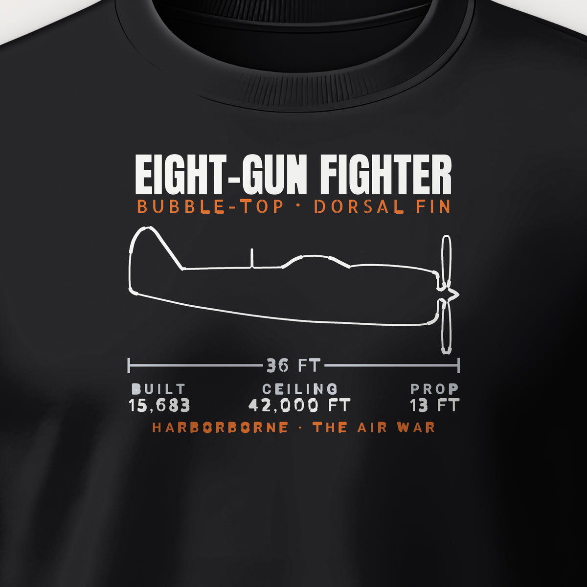 Eight-Gun Fighter Blueprint Crewneck Sweatshirt, front print detail: our side-view outline of a P-47D, no markings
